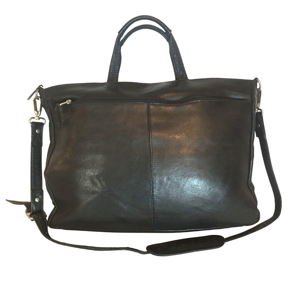 Latico Black Leather Messenger Bag Shoulder Strap Top Handles Zip Close 16 X 10